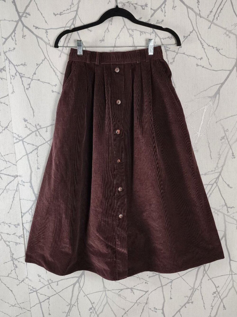 St. Michael Burgundy Fine Tooth Corduroy A-Line Midi Skirt